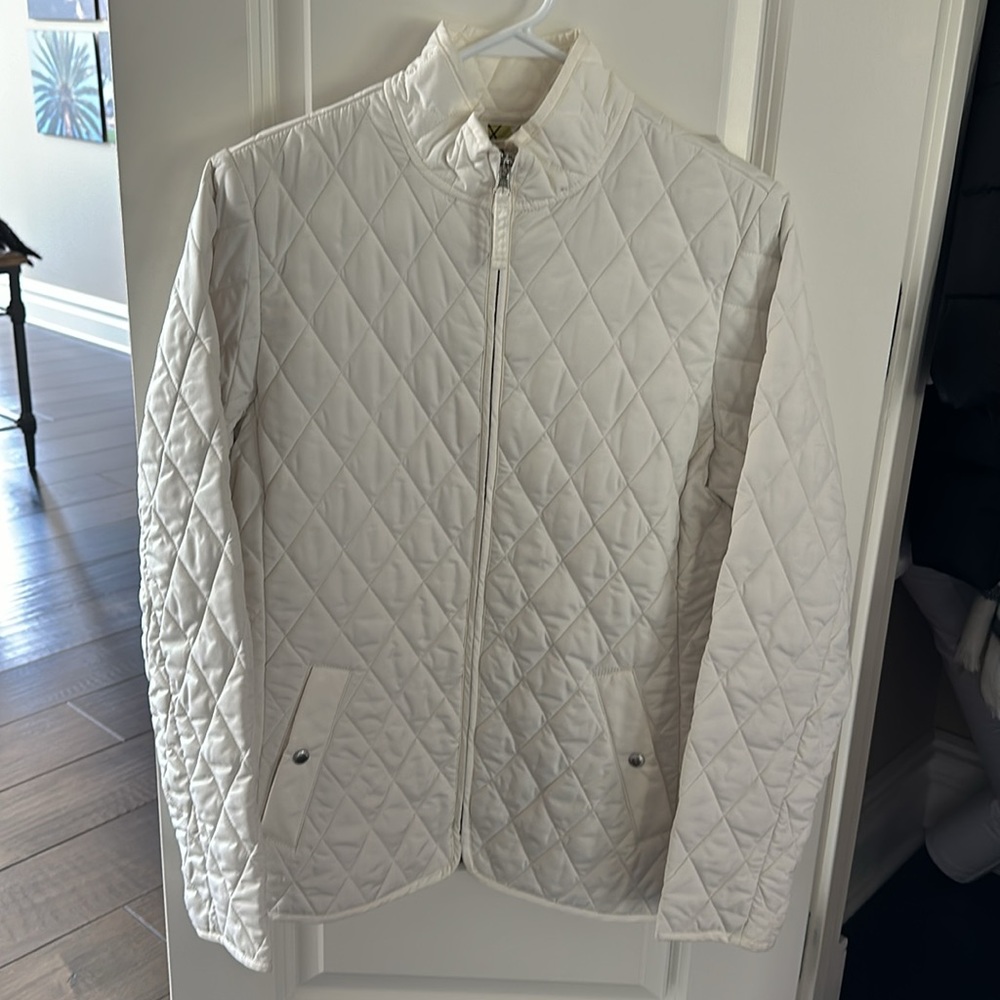 Lands’ End Quilted Riding Jacket in Off White w/ 2 Pockets, Zipper, Small 4-6